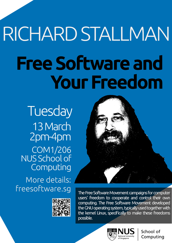 Richard Stallman in Singapore Blue Poster